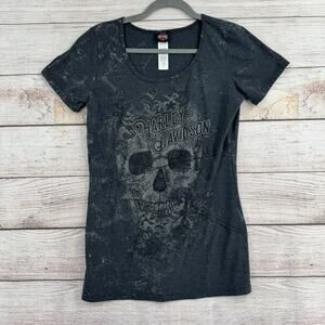 Harley Davidson Floral Skull Barnett Texas T-Shirt Womens Large Gray